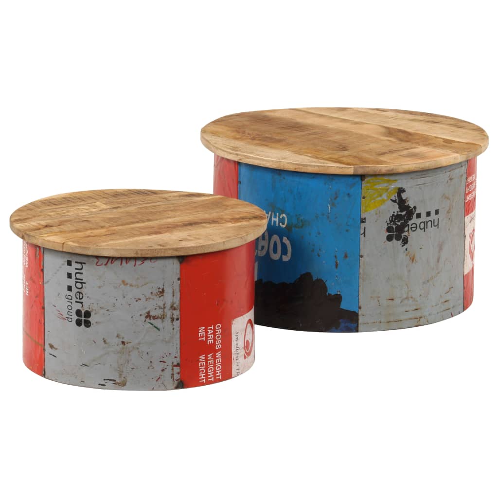 Coffee Table Set of 2 Multicolor Solid mango wood, old tin sheet