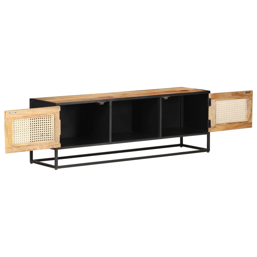 TV Cabinet Natural Wood Solid Mango Wood, Natural Cane, Iron Medium