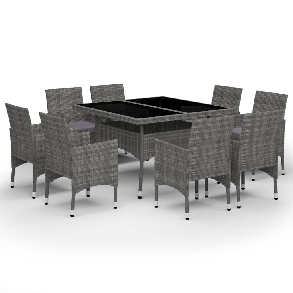 Dining Set Grey Poly rattan, tempered glass, powder-coated steel