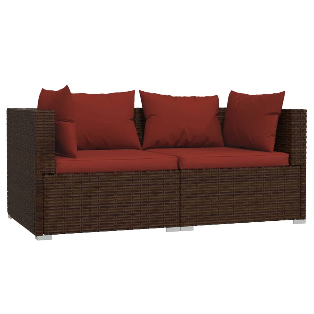 2-seater Sofa Brown Poly Rattan with Cinnamon Red Cushions