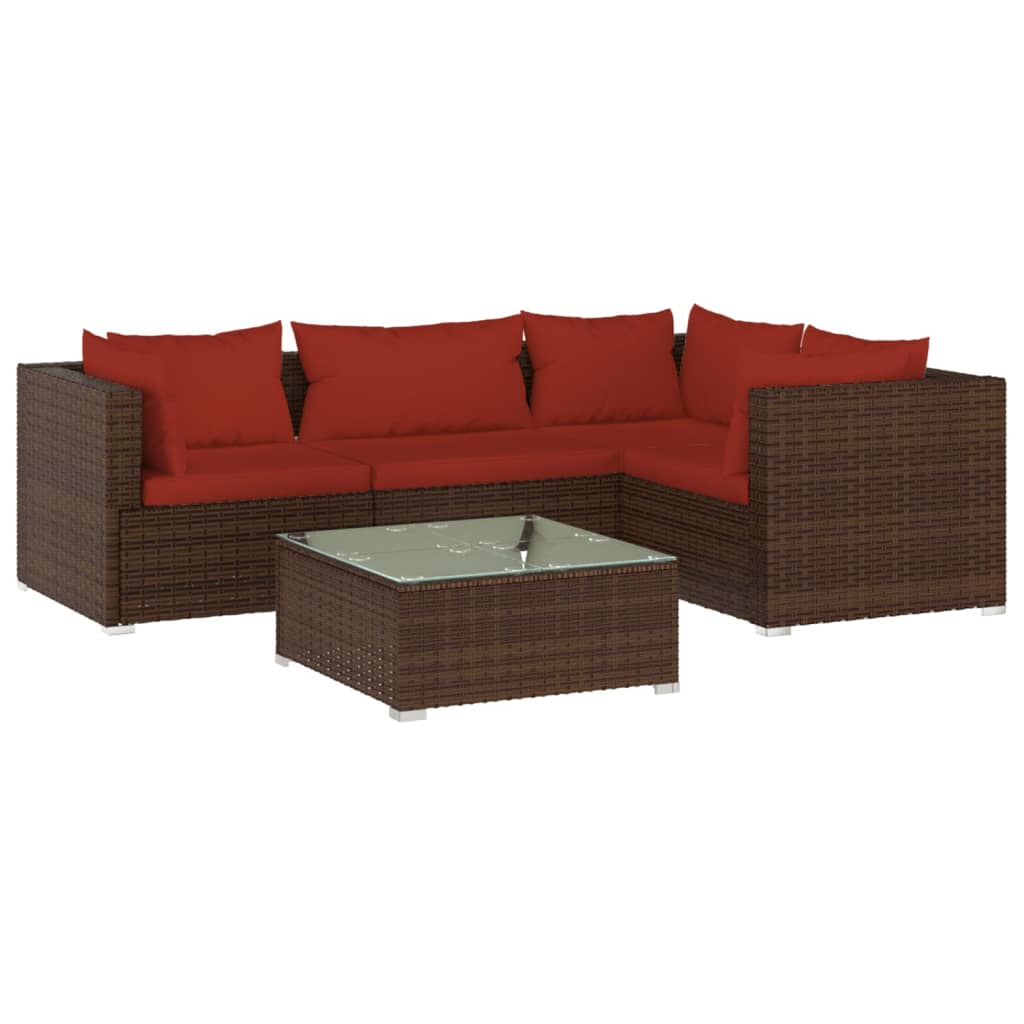 Garden Lounge Set Brown with Cinnamon Red Cushions