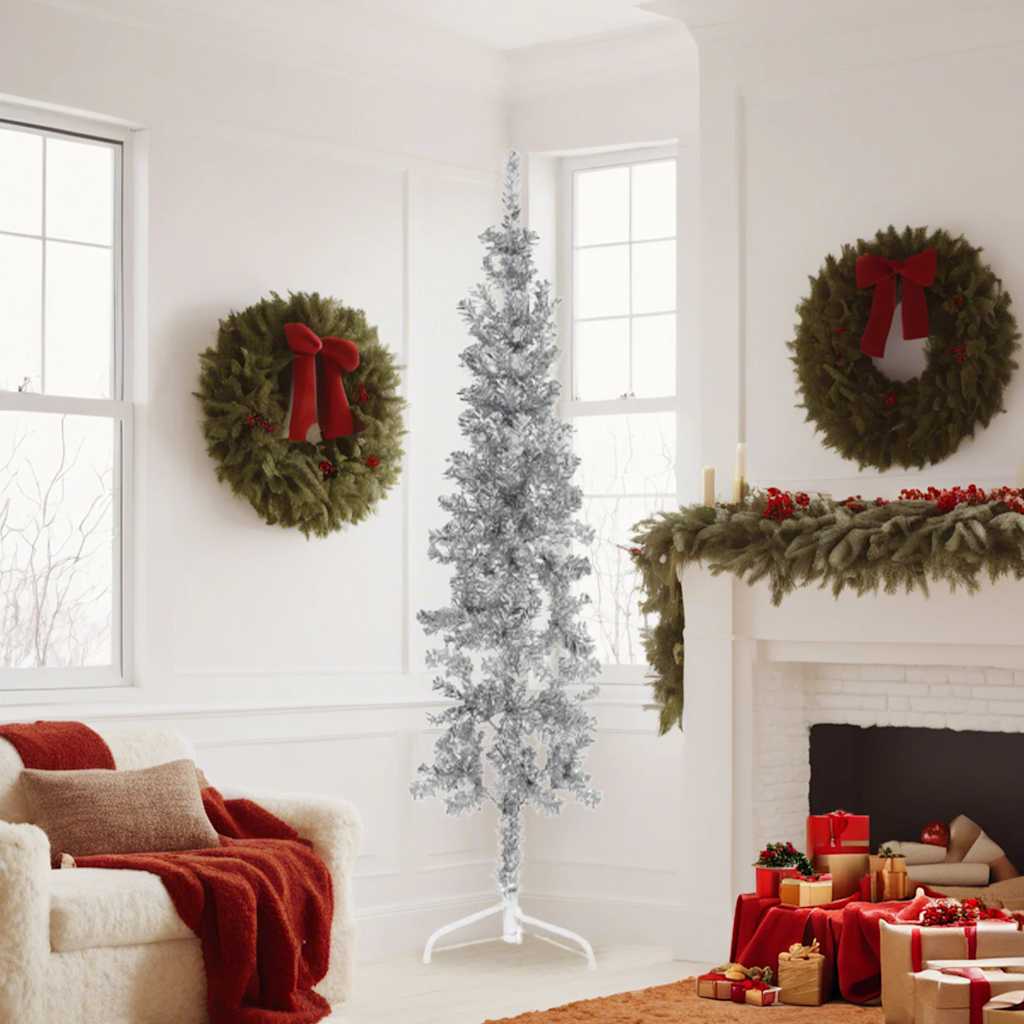 Slim Artificial Half Christmas Tree Silver PVC, Steel Slim