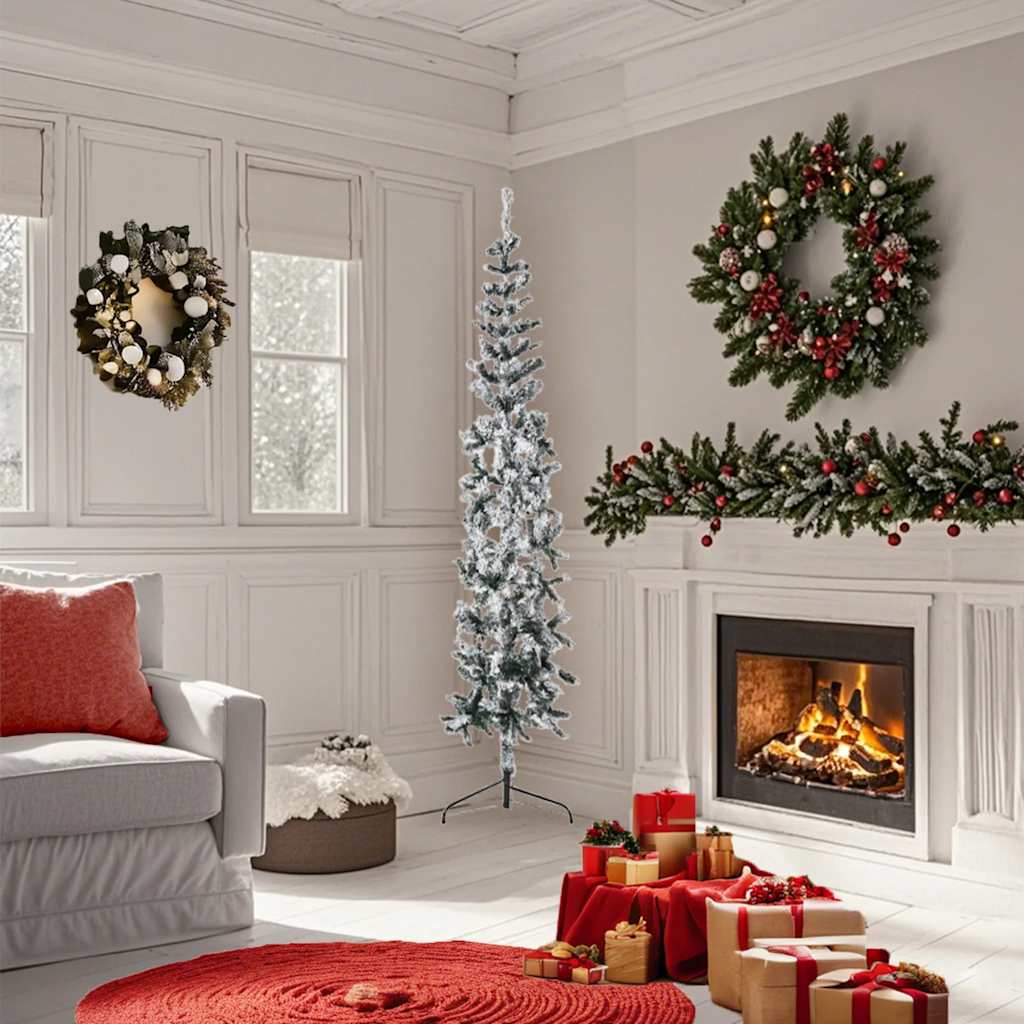 Slim Artificial Half Christmas Tree Green and white PVC, Steel