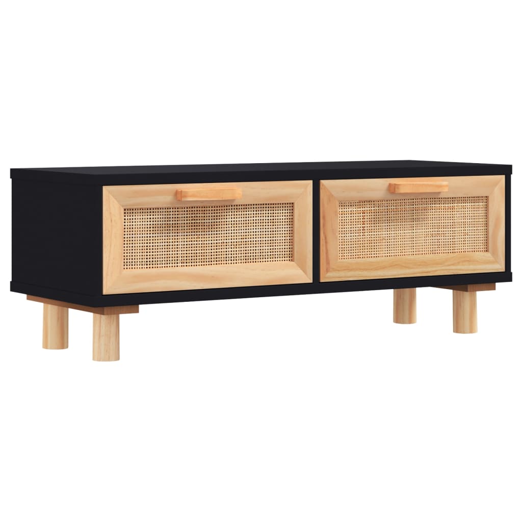 Coffee Table Black Engineered wood, Solid pine wood, Natural rattan