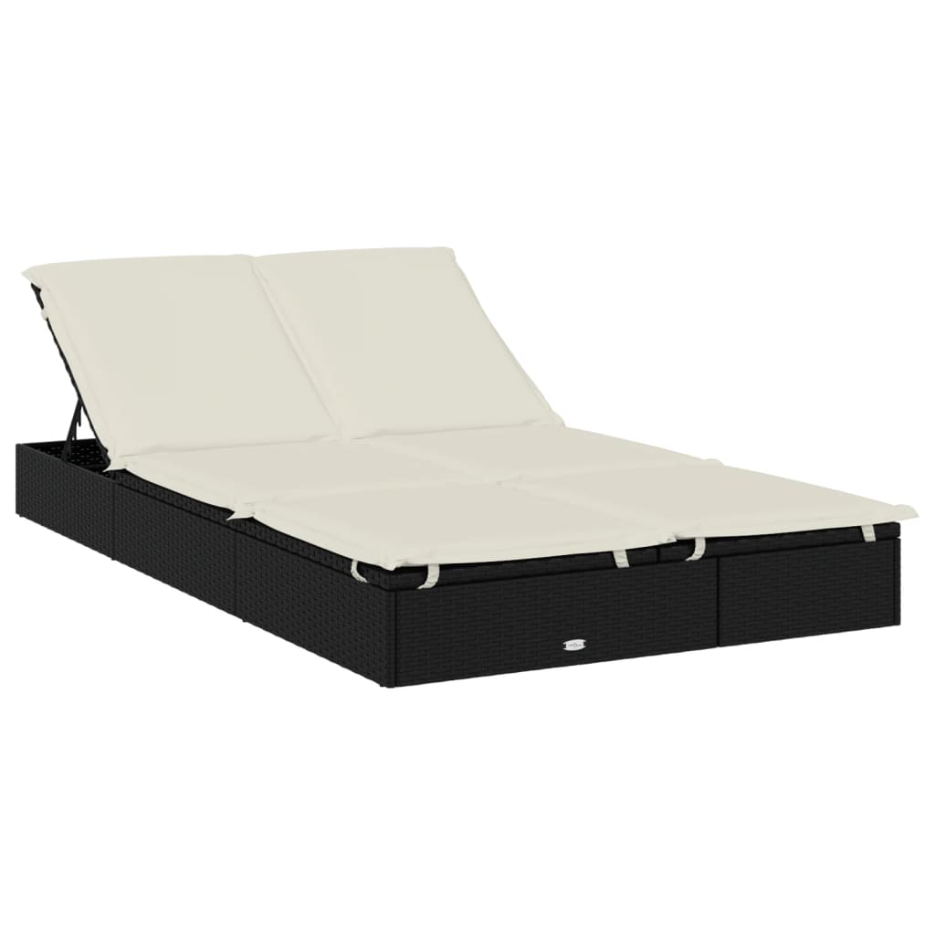 Sunbed Black PE Rattan Double Adjustable Armrests Sunbed
