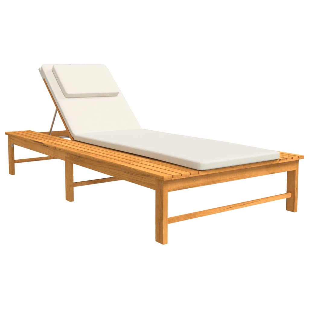 Sun Lounger Cream white Solid acacia wood and polyester Large