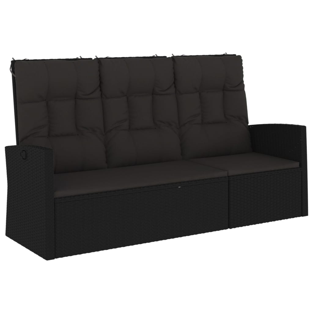 Garden Bench Black Poly rattan 3 Seater Adjustable Armrests