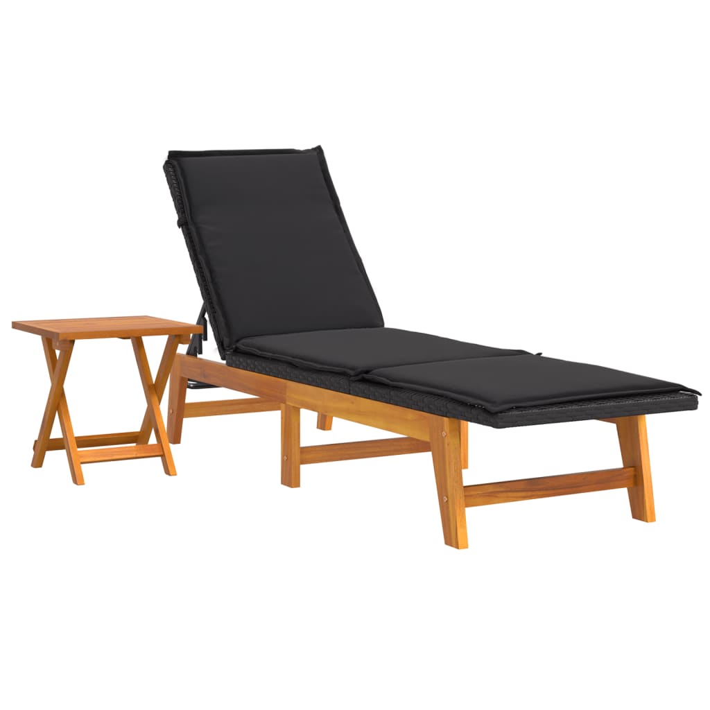Sun Lounger Black and Brown PE rattan, solid acacia wood, steel