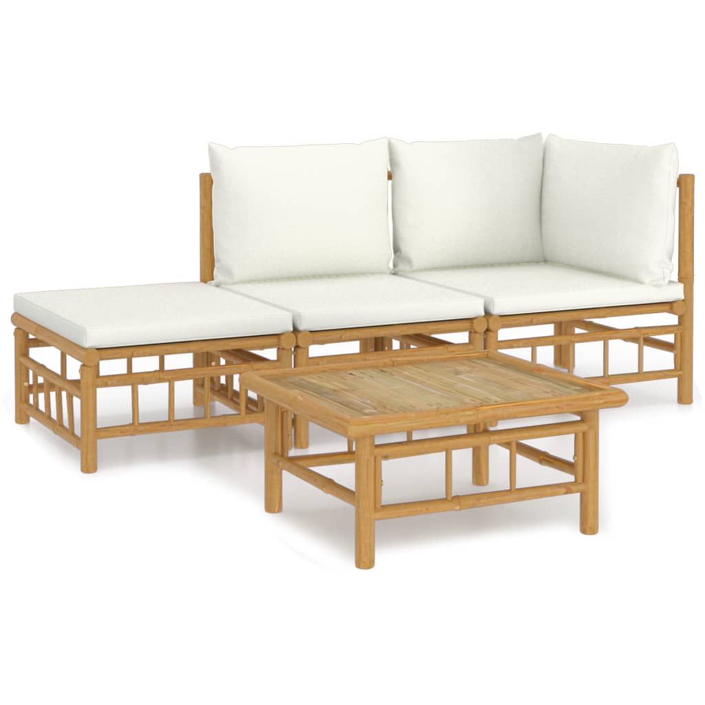 Garden Lounge Set Cream White, Natural Bamboo Bamboo, Polyester