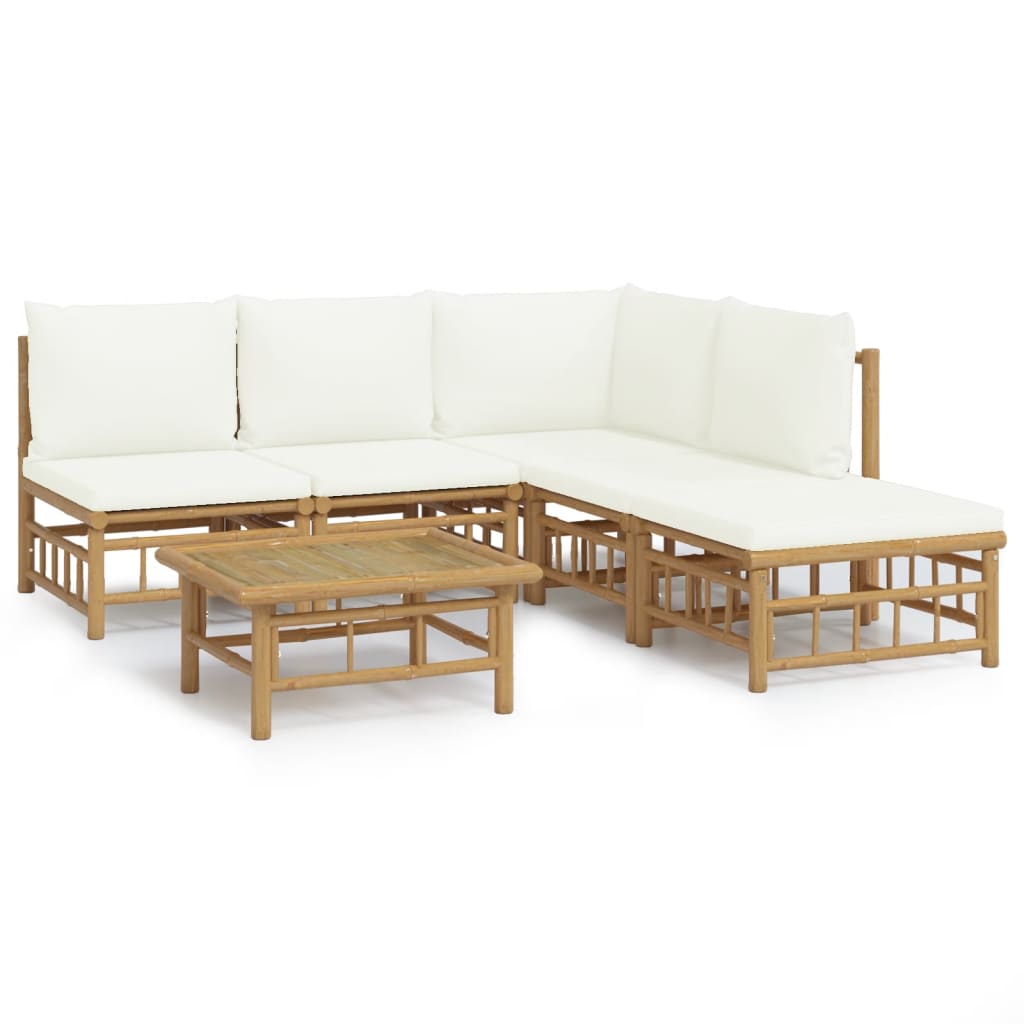 Garden Lounge Set Cream White Bamboo, Polyester Large Modular
