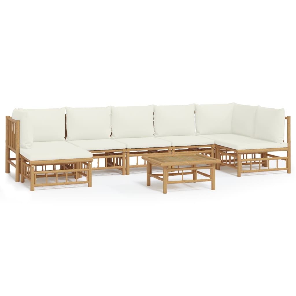 Garden Lounge Set Cream White, Natural Bamboo Bamboo, Polyester