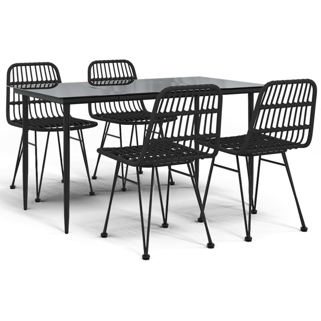 Garden Dining Set Black Polyethylene Rattan, Steel, Tempered Glass