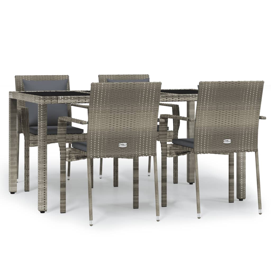Garden Dining Set Grey PE rattan, powder-coated steel, tempered glass