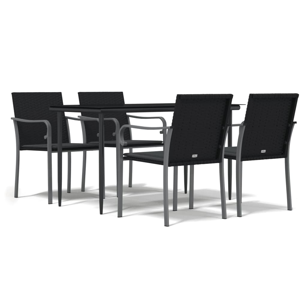 Garden Dining Set Black Poly Rattan, Steel, Tempered Glass, Polyester
