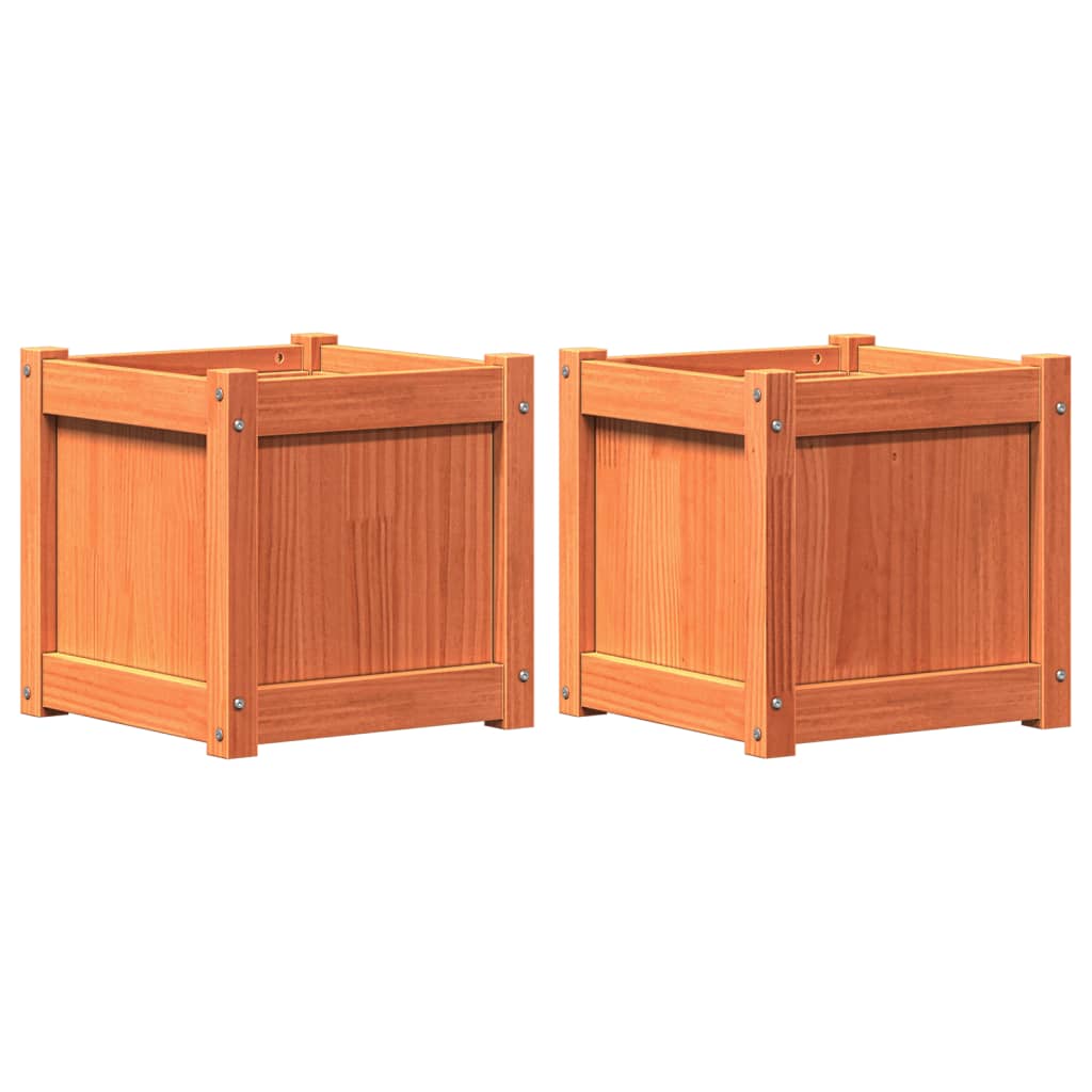 Garden Planter Set of 2 Wax Brown Solid Pine Wood Medium