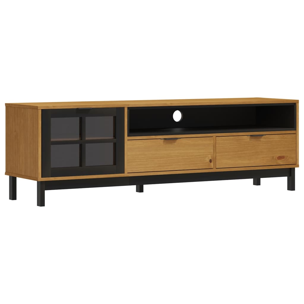 TV Cabinet Oak Solid Pine Wood, Tempered Glass, Plastic