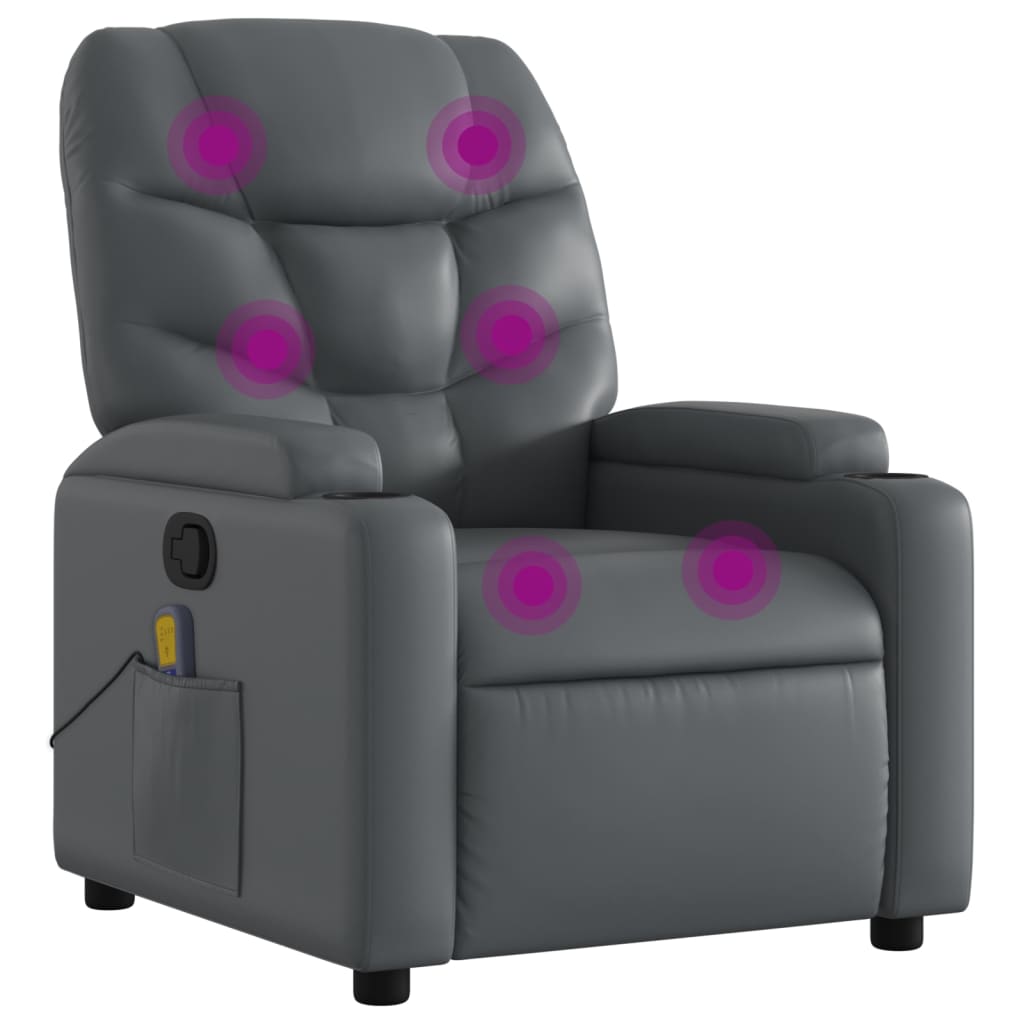 Massage Recliner Chair Gray Faux Leather Medium Cup Holders