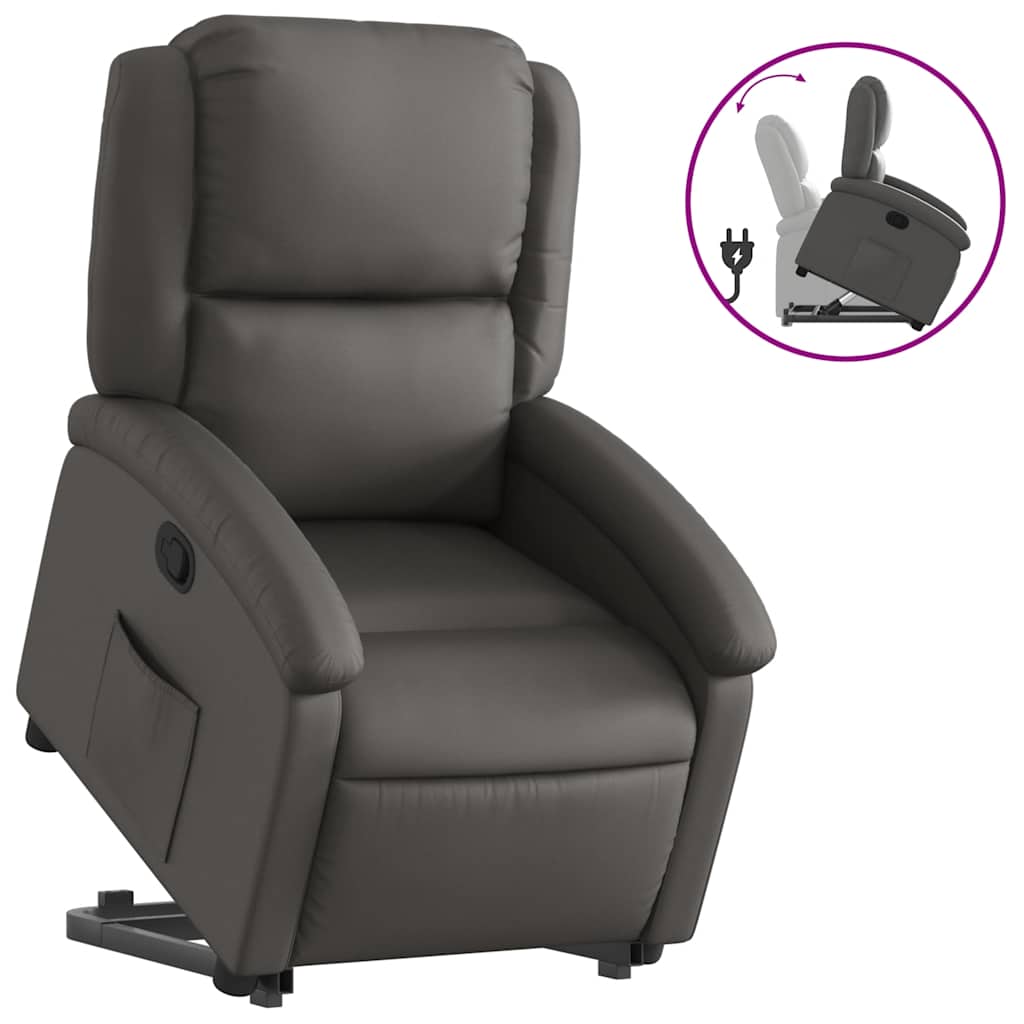 Stand Up Recliner Chair Grey Real Leather, Metal, Plywood Standard