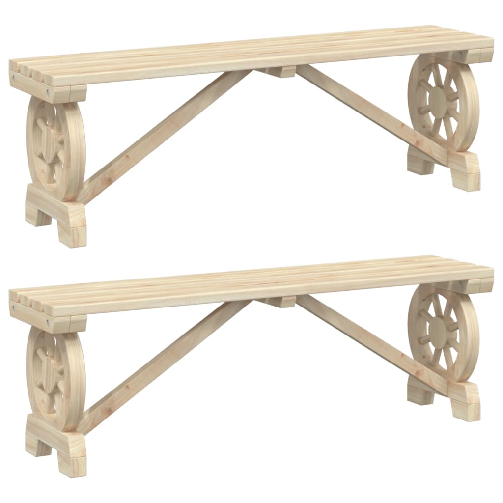Garden Bench Set of 2 Brown Solid Fir Wood Standard Seats 2