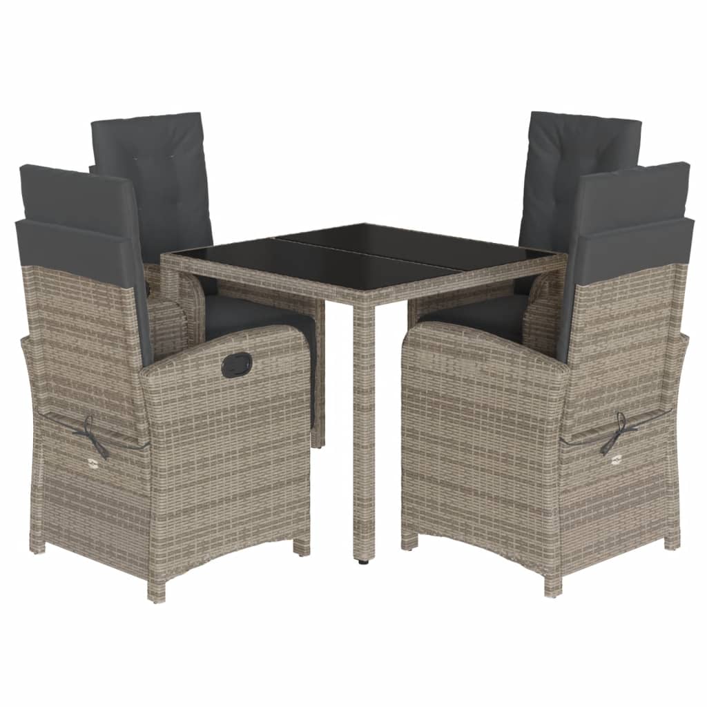 Garden Dining Set Grey PE Rattan, Powder-coated steel, Tempered glass