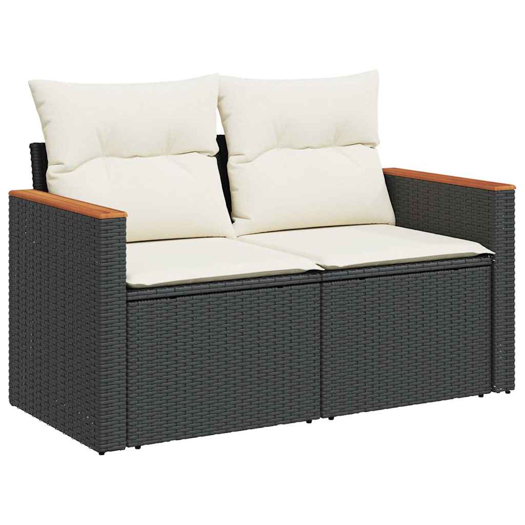 Garden Sofa Black PE rattan, powder-coated steel, solid acacia wood