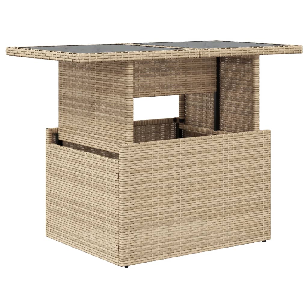 Garden Table Beige PE Rattan, Powder-Coated Steel, Tempered Glass