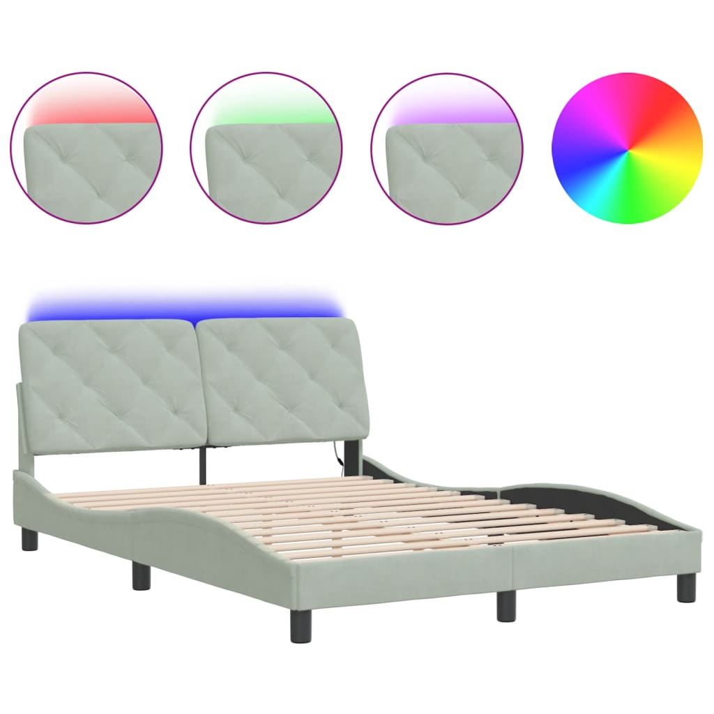 Bed Frame with LED without Mattress Light Gray 53.9"x74.8" Velvet