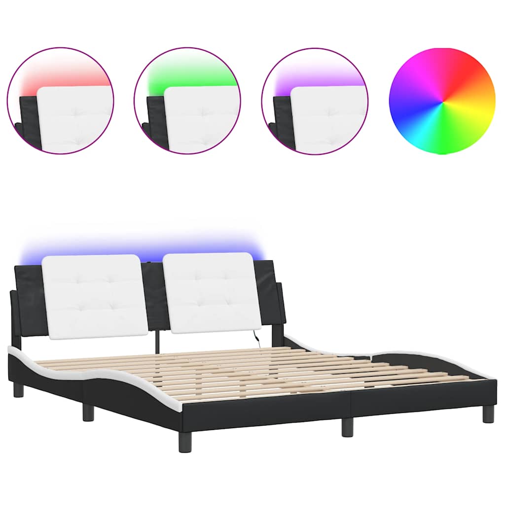 Bed Frame with LED without Mattress "Zadar" Black and White 183 x 83.9 "