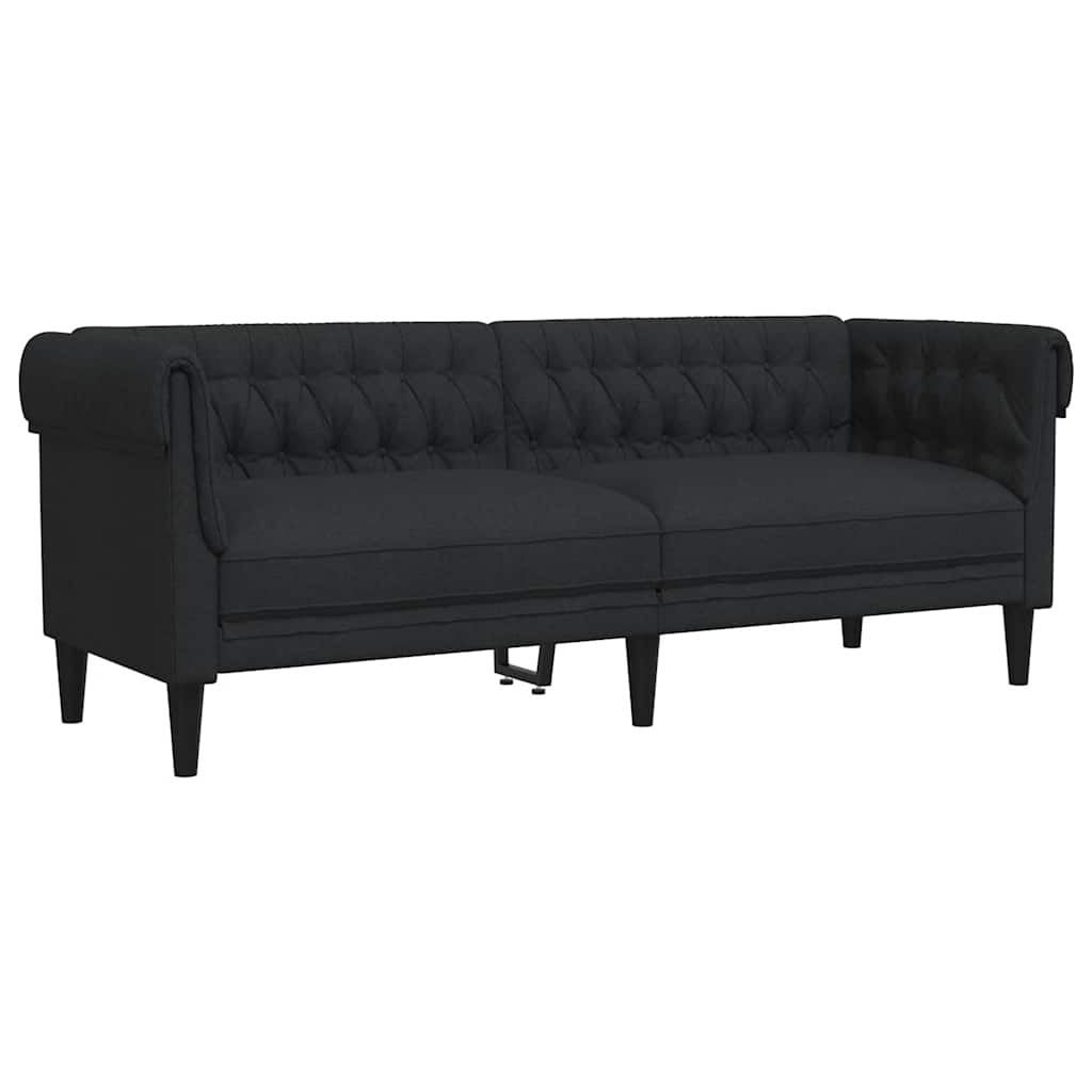 Chesterfield Sofa Black Polyester, Solid Wood, Plywood 3-Seater