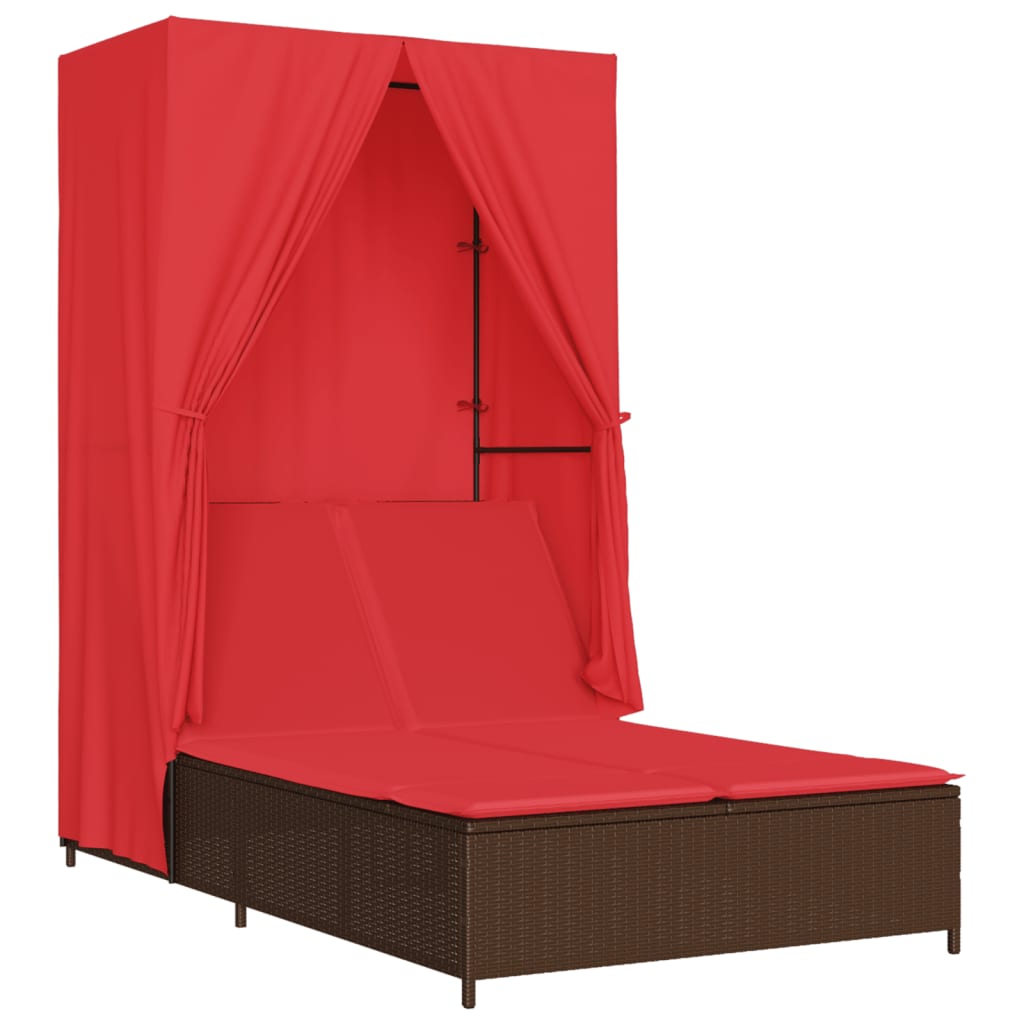 Double Sun Lounger with Roof and Curtains Brown Poly Rattan