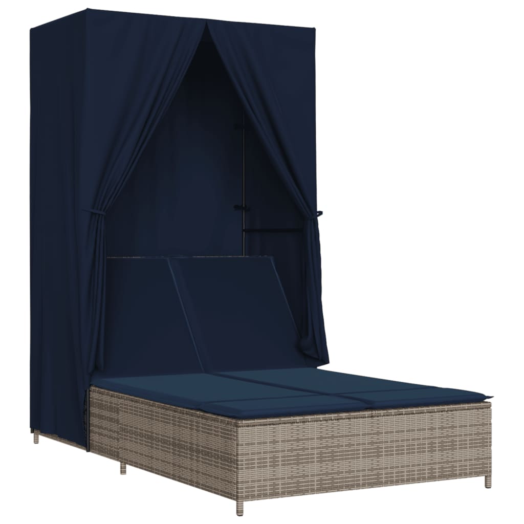 Double Sun Lounger with Roof and Curtains Gray Poly Rattan