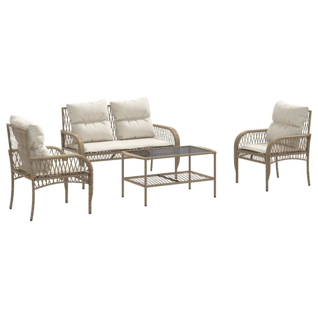 Patio Sofa Set Beige PE rattan, powder-coated steel, tempered glass