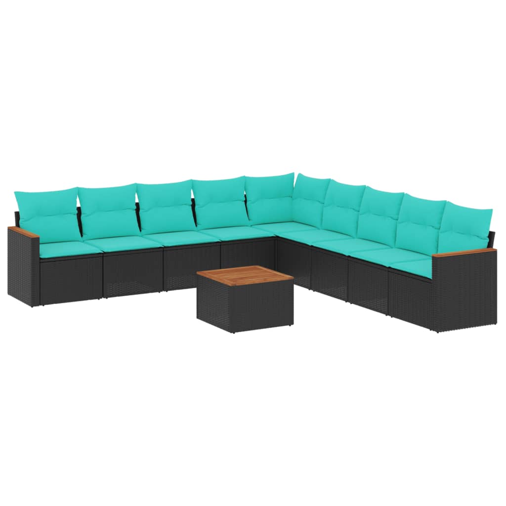 10 Piece Garden Sofa Set with Cushions Black Poly Rattan