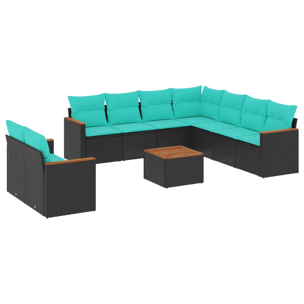 10 Piece Garden Sofa Set with Cushions Black Poly Rattan