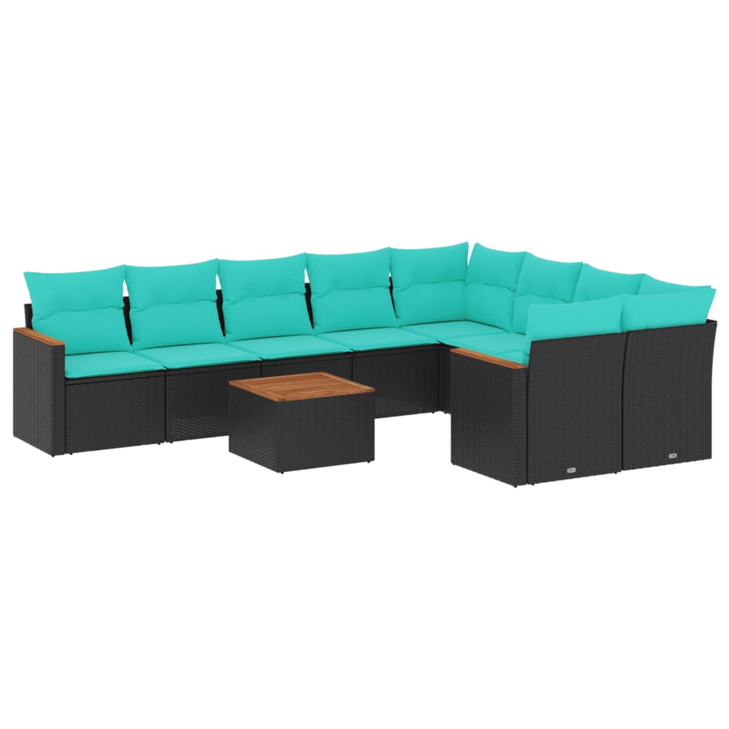 10 Piece Garden Sofa Set with Cushions Black Poly Rattan