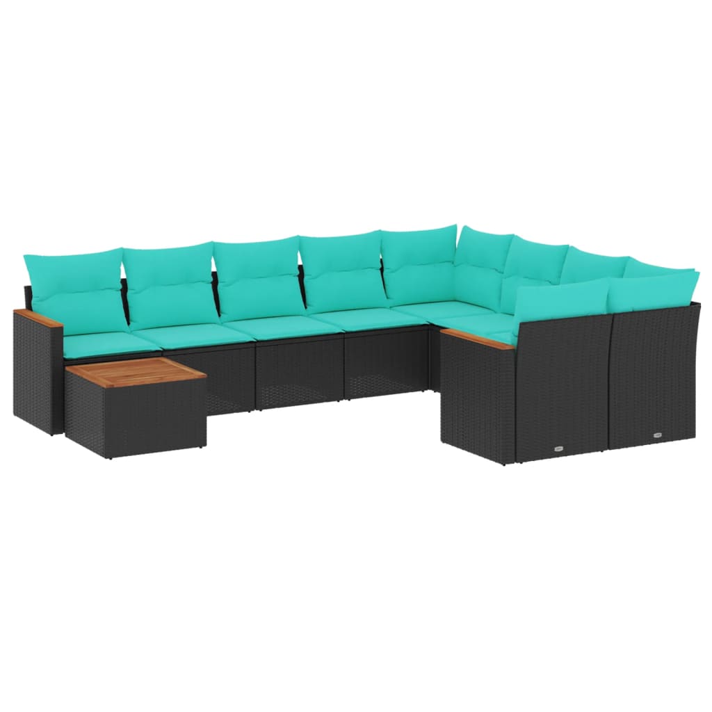 10 Piece Garden Sofa Set with Cushions Black Poly Rattan