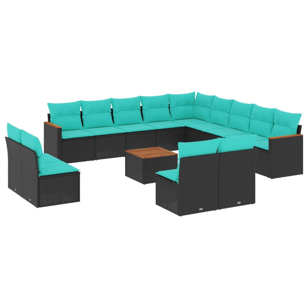 14 Piece Garden Sofa Set with Cushions Black Poly Rattan