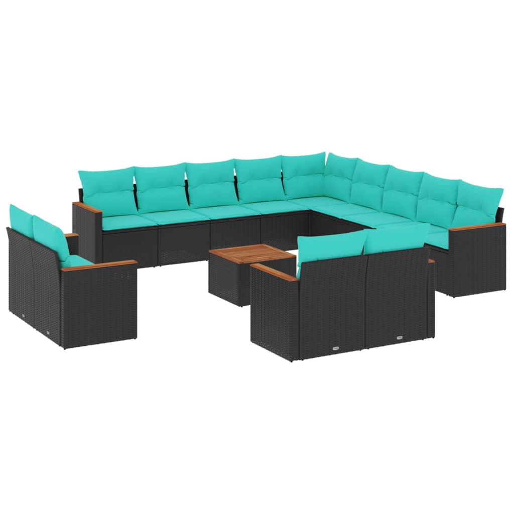 14 Piece Garden Sofa Set with Cushions Black Poly Rattan
