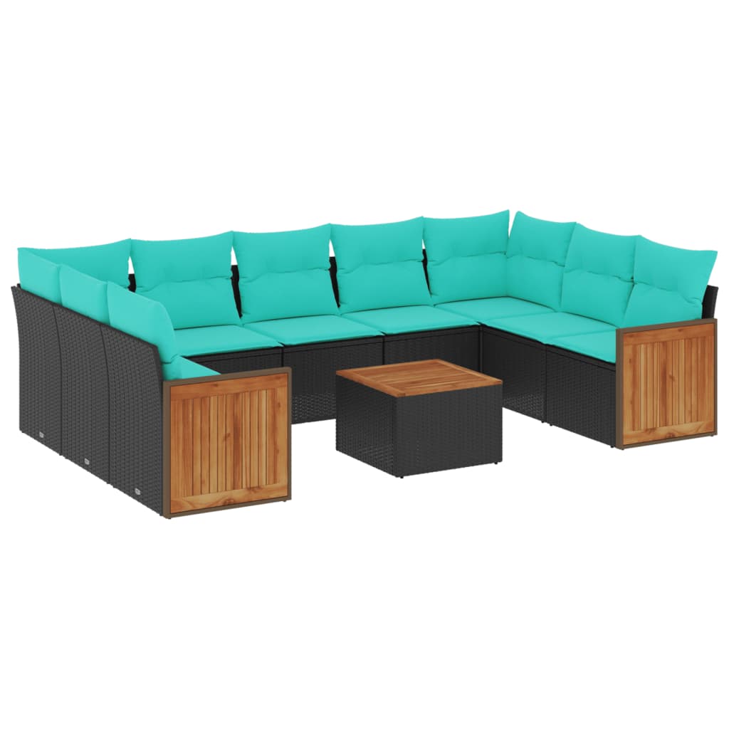 10 Piece Garden Sofa Set with Cushions Black Poly Rattan