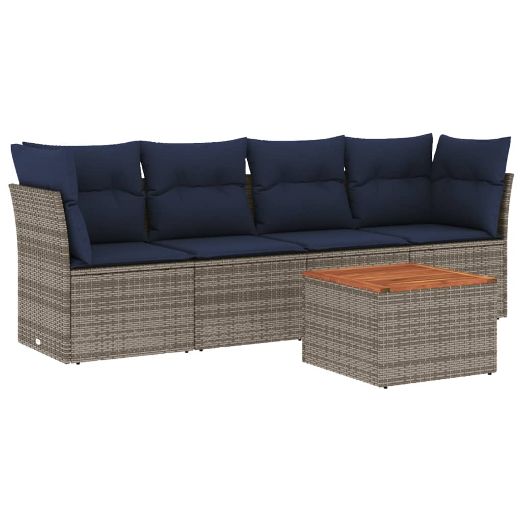 5 Piece Patio Sofa Set with Cushions Gray Poly Rattan