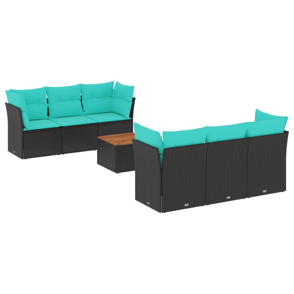 7 Piece Patio Sofa Set with Cushions Black Poly Rattan