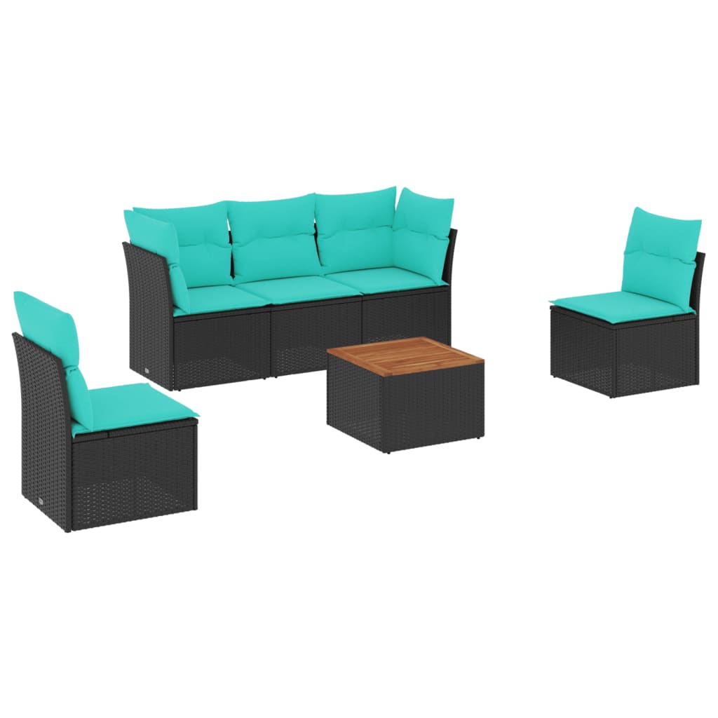 6 Piece Patio Sofa Set with Cushions Black Poly Rattan