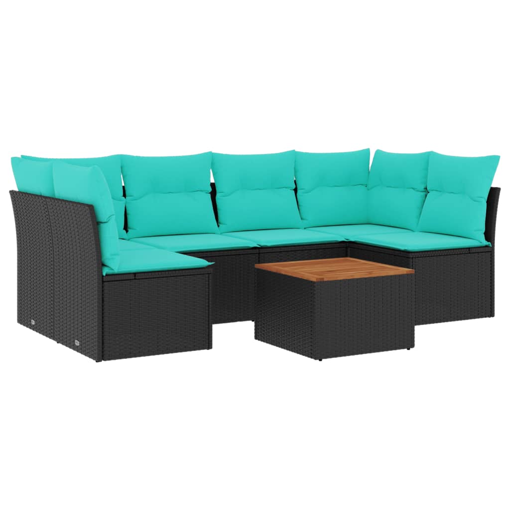 7 Piece Patio Sofa Set with Cushions Black Poly Rattan