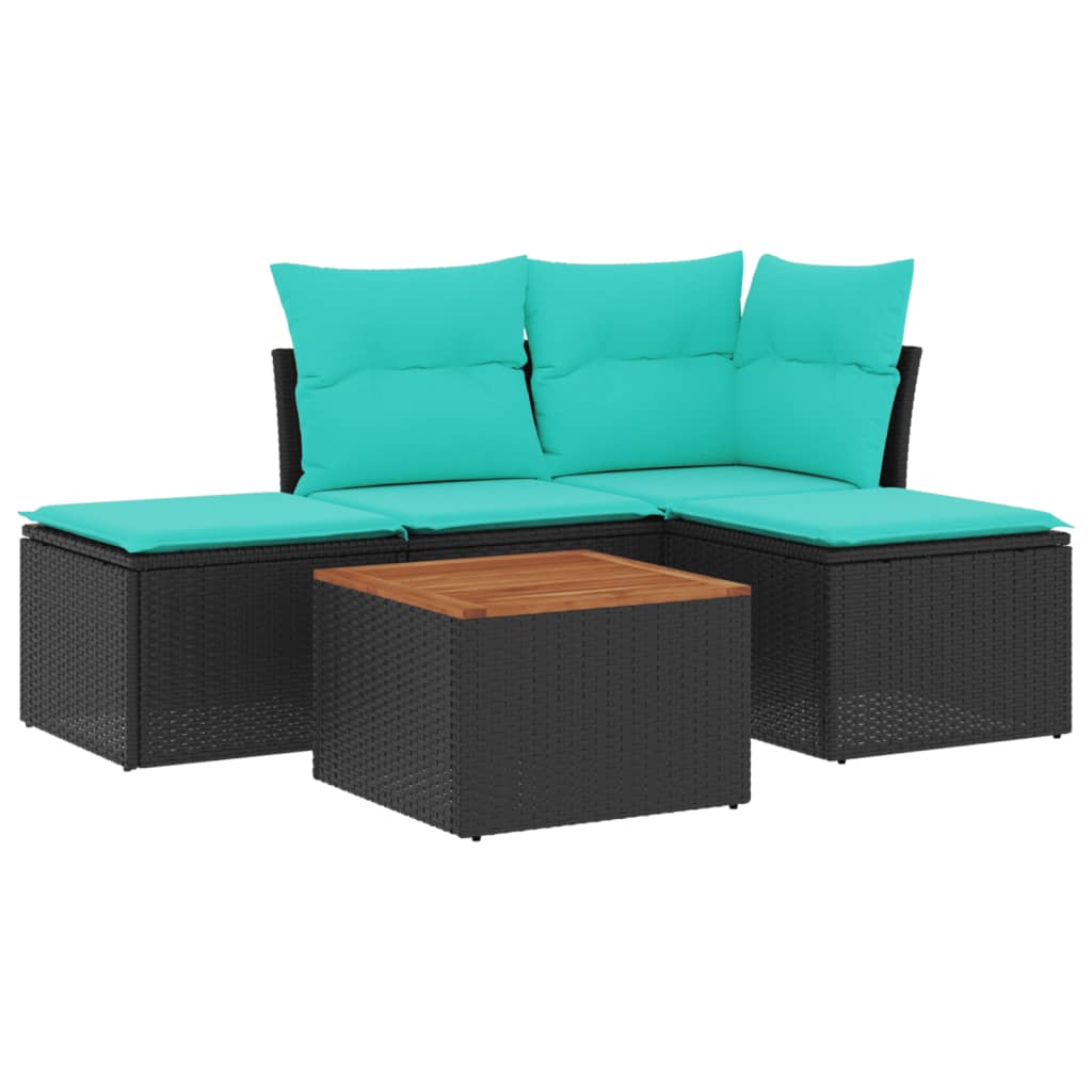5 Piece Patio Sofa Set with Cushions Black Poly Rattan