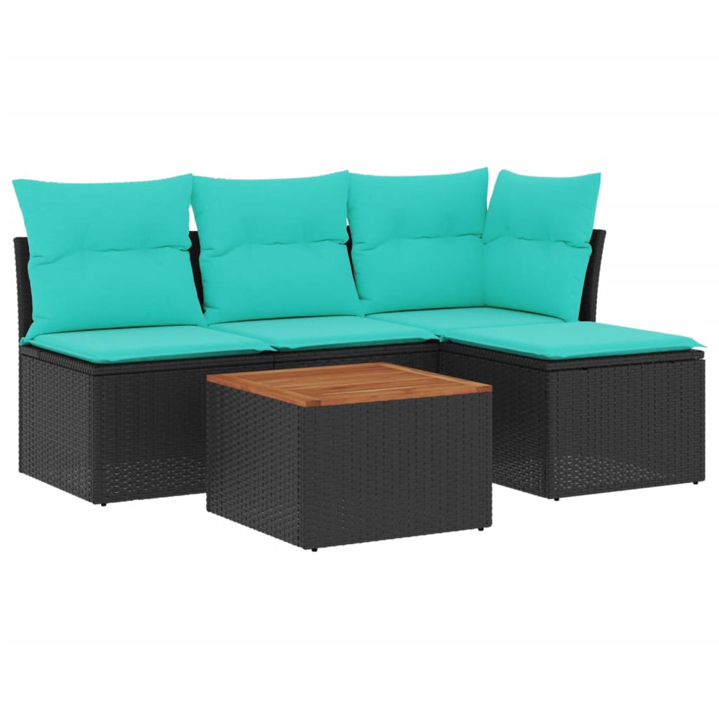 5 Piece Patio Sofa Set with Cushions Black Poly Rattan