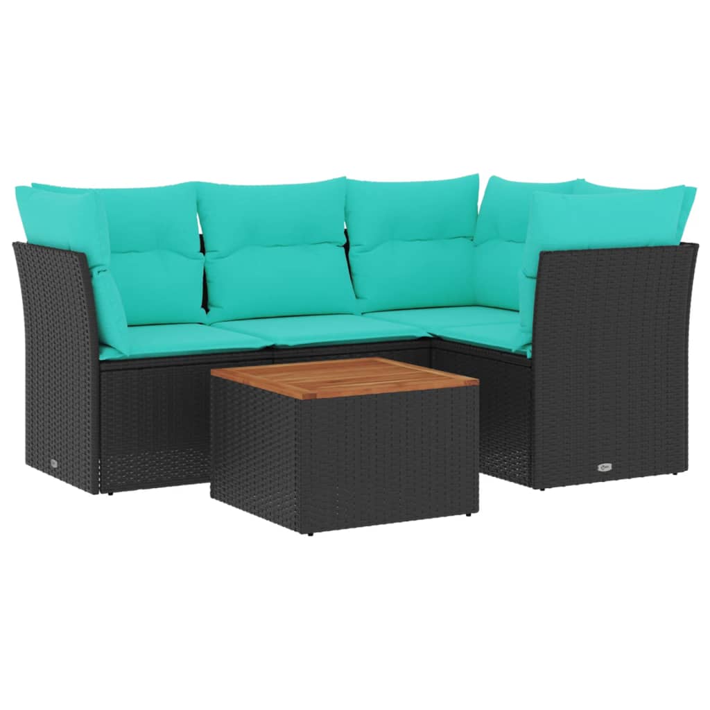 5 Piece Patio Sofa Set with Cushions Black Poly Rattan