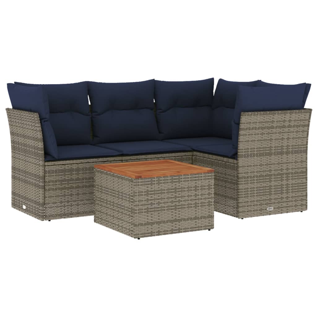 5 Piece Patio Sofa Set with Cushions Gray Poly Rattan