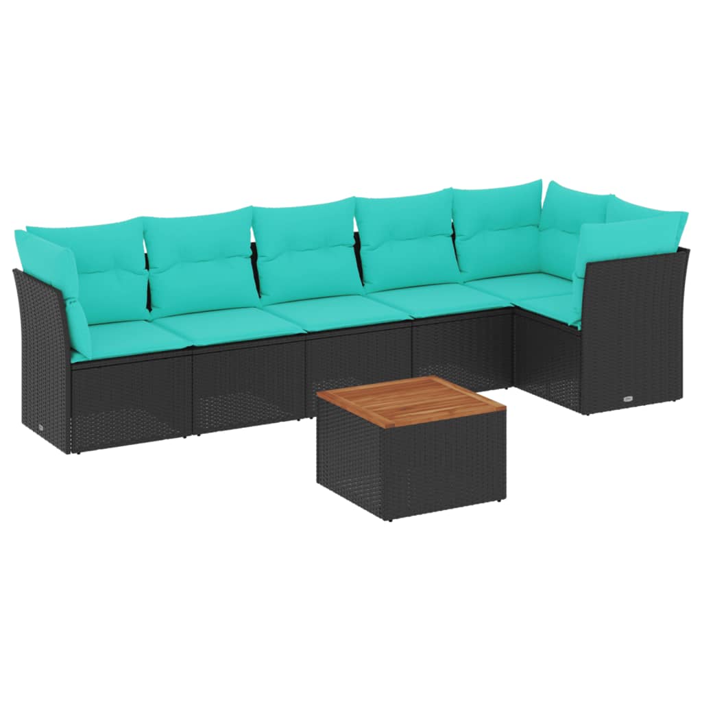 7 Piece Patio Sofa Set with Cushions Black Poly Rattan