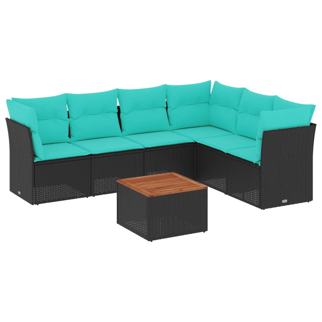 7 Piece Patio Sofa Set with Cushions Black Poly Rattan