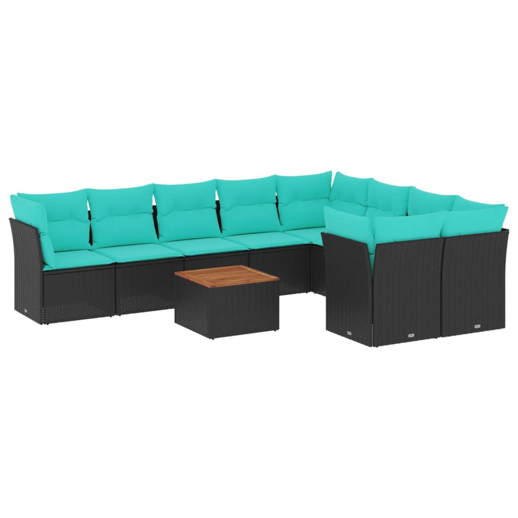 10 Piece Patio Sofa Set with Cushions Black Poly Rattan